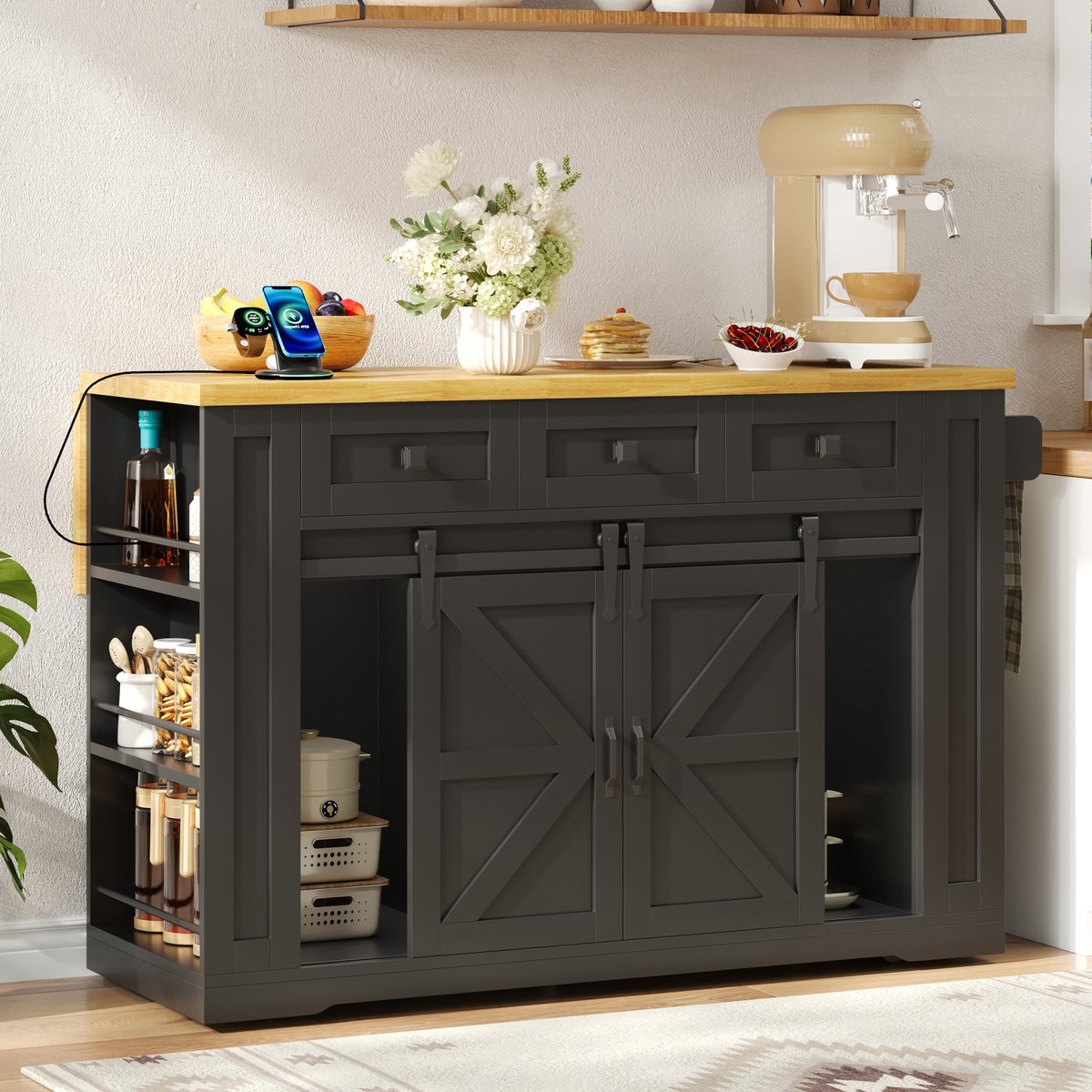REDOM - Keukenisland kast - Uitklapbaar werkblad - Schuifdeuren - Opbergruimte met 3 lades en 3-laags zijrek - Keukenwagen voor keuken - MDF - Zwart en Natuurlijk hout - 130 x 50(80) x 87 cm