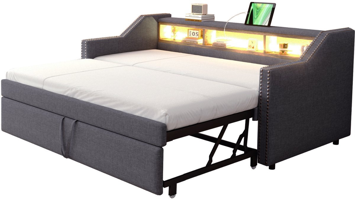 Uitschuifbare slaapbank - Gestoffeerd bed donkergrijs - Met opbergruimte - LED en USB - Met lattenbodem - Logeerkamer - 90x190 cm - Donkergrijs