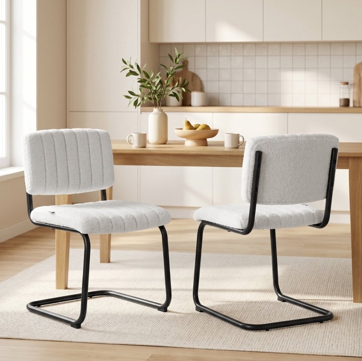 DESMIU Eetkamerstoel 48 Cm - Set Van 2 Zweefstoelen Met Teddylook En Gestikte Strepen - Voor Keuken En Eettafel - Metaal - Creme Crème