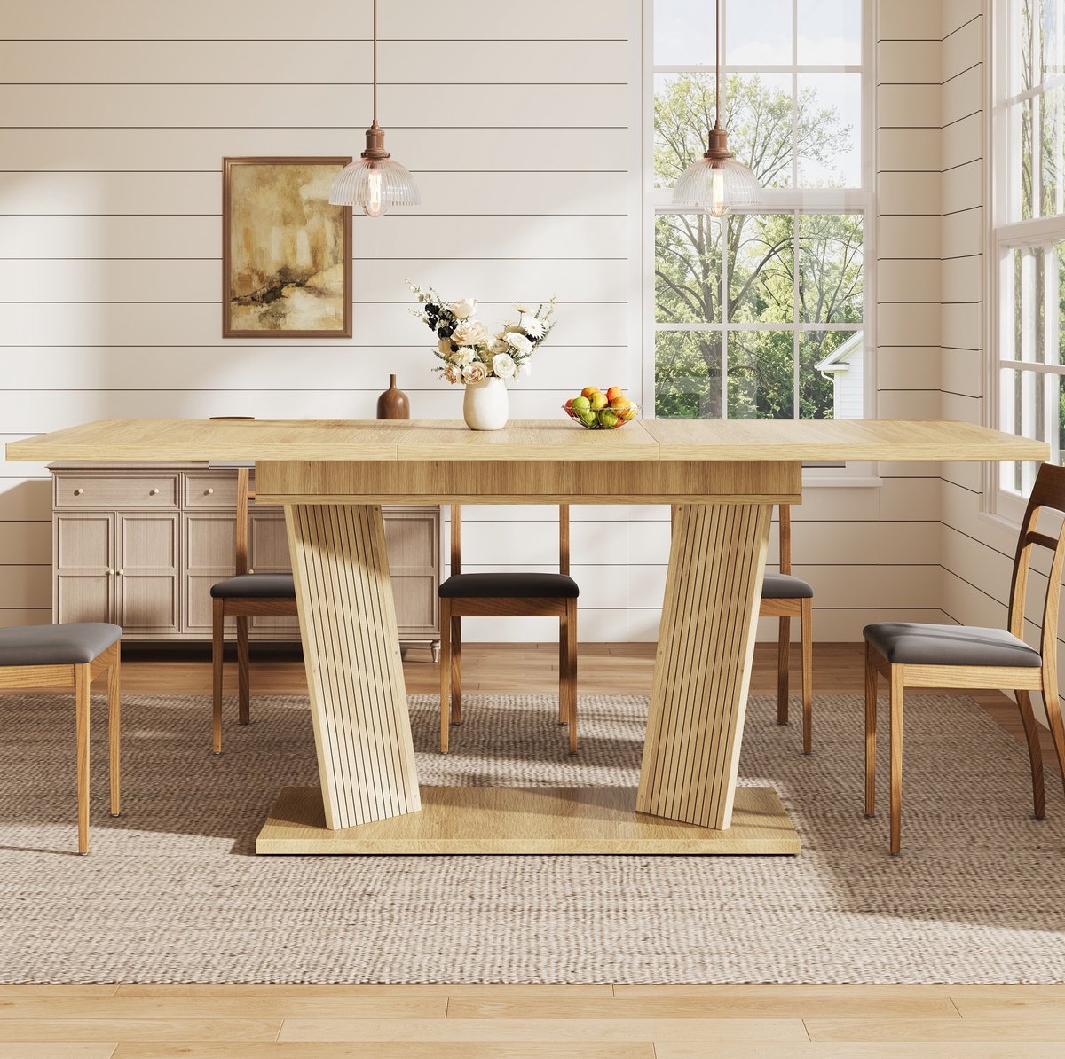 Wishdor Eettafel - Uitschuifbaar en stabiel - Dubbele steunpoten met verstelbare antislipvoeten - Eetkamer keuken - MDF en metaal - Natuurlijk lichtbruin - 120-160 x 80 x 76 cm