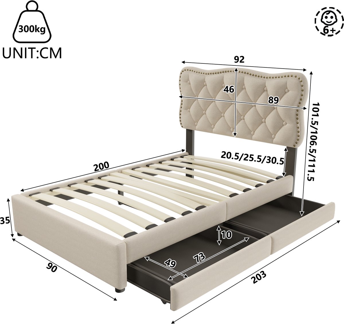 WUVRIE Normaal bed 90x200 cm met 2 lades, lattenbodem en verstelbare hoogte, beige/bruin