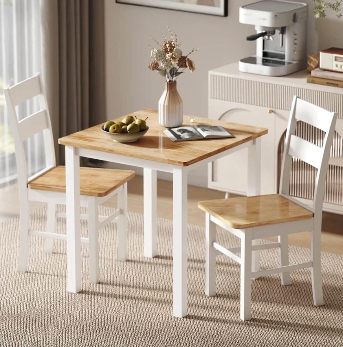 DESMIU Eetkamerstoel Set van 2 - Houten Keukenstoel Met Gebogen Lattenrugleuning - Voor Eetkamer En Werkplek - Hout - Wit En Eiken