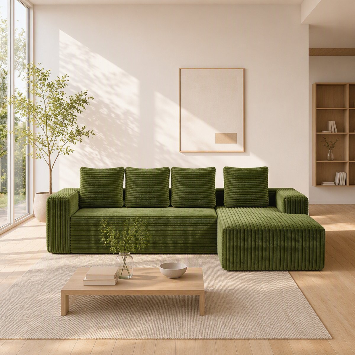 STILVORA Hoekbank 4-Zits Met Chaise Longue Rechts - Modulair En Ruim Zitcomfort Voor Woonkamer En Slaapkamer - Corduroy - Groen