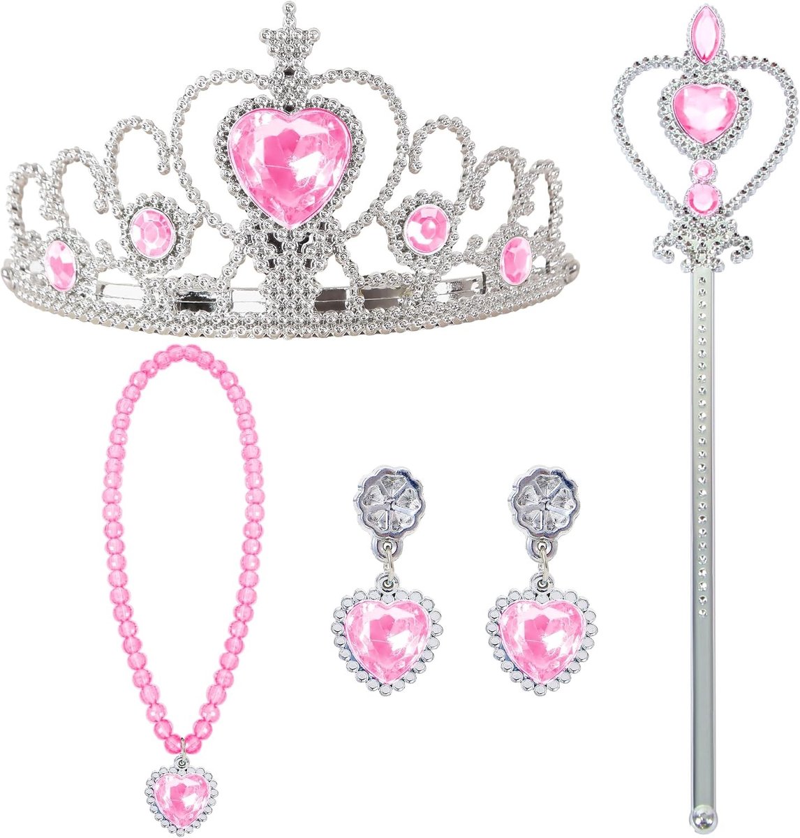 Prinsessen Kostuum Set voor Kinderen, 5-delige Set met Kroon, Toverstok, Ketting en Oorbellen, Perfect voor Carnaval en Verkleedfeest, Standaardmaat, Plastic Accessoires