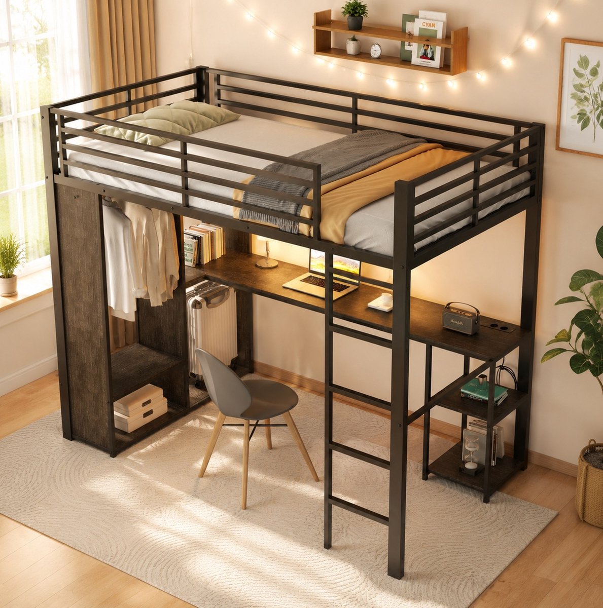 Wishdor Hoogslaper 90 x 200 cm - Bureau en opbergruimte - LED-verlichting - Open kledingkast en meerdere legplanken - Metaal en MDF - Zwart - Voor kinderkamer studentenkamer