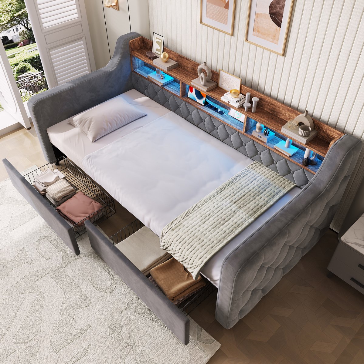 STILVORA Gestoffeerd Bed 90x190 cm Zonder Matras – Bed Met Opbergruimte En 2 Laden – Hoofdbord Met Legplank En Led – Donkergrijs
