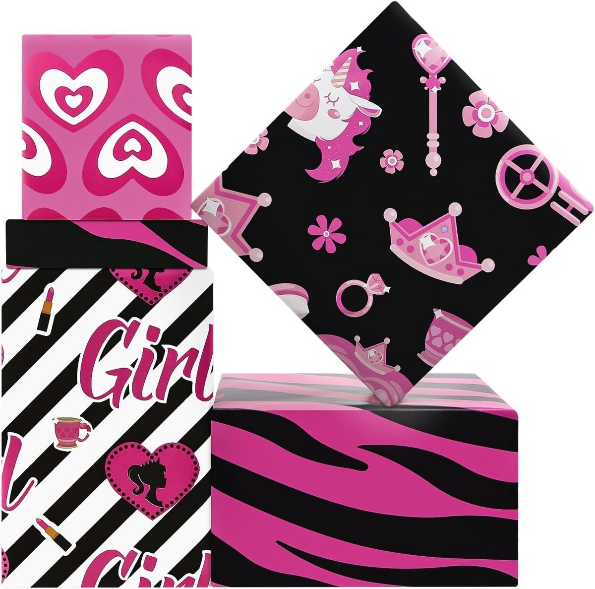 Warm Geschenkpapier met Prinses Thema in Roze, Zwart en Wit - 4 Vellen van 50x70cm met Hartjes, Luipaard en Eenhoorn Patroon voor Verjaardag en Bruiloft