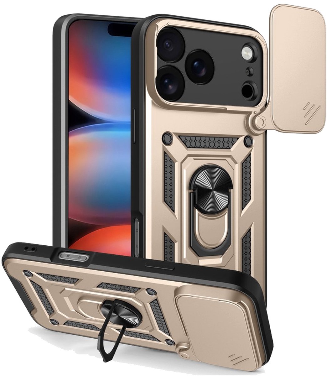 MobyDefend Hoesje - Geschikt voor iPhone 18 Pro Max - Pantsercase Met Draaibare Ring - Goud