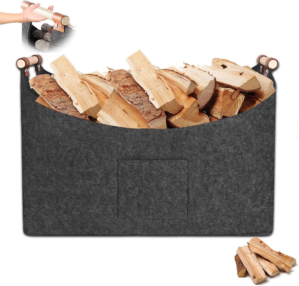 Houten Opbergmand voor Houtblokken, 100 Liter, 60 x 40 x 40 cm, Vouwbare Mand met Antislip Handvatten en Voorvak, Ideaal voor Hout, Kranten en Boodschappen