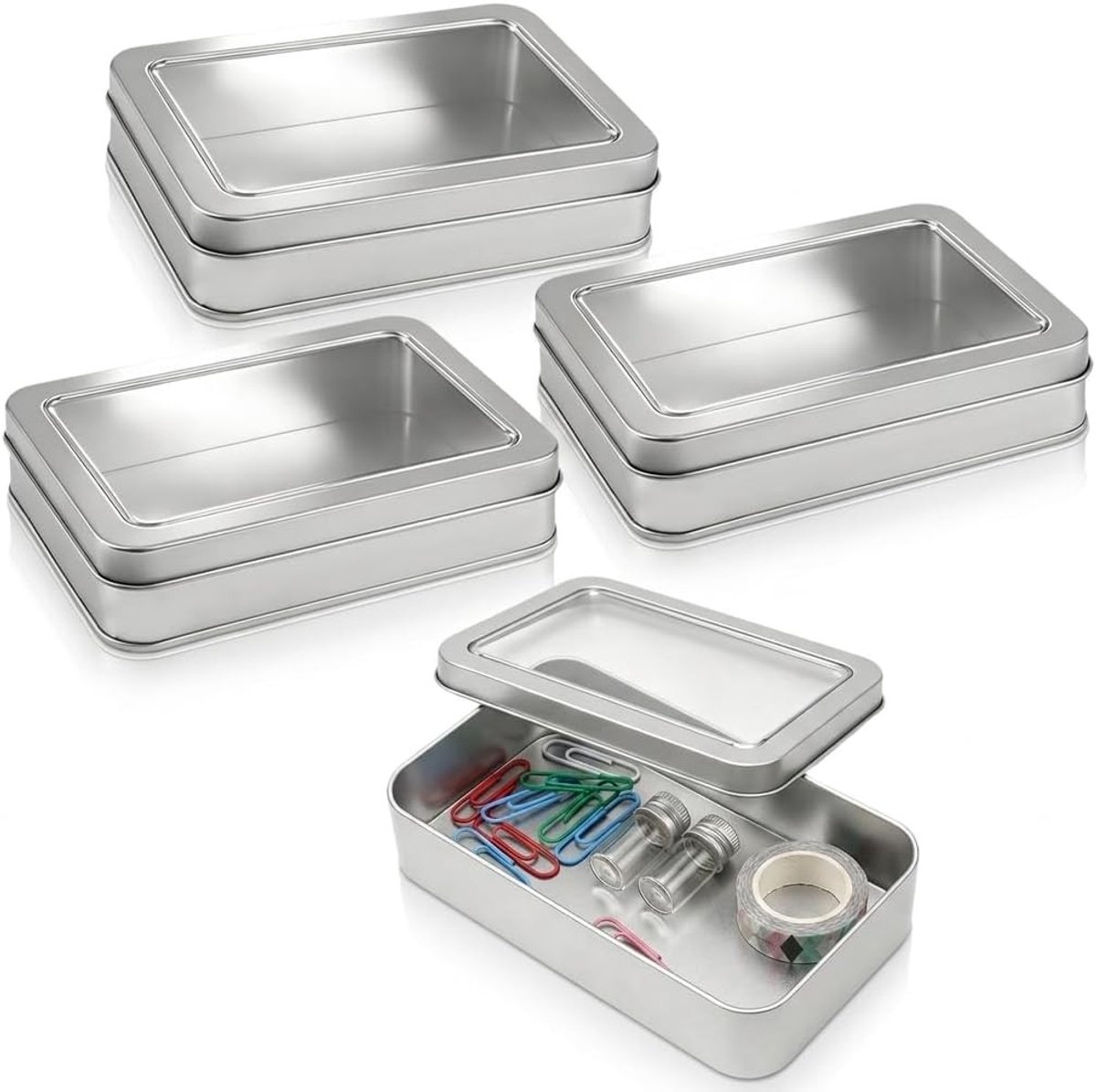 Set van 4 metalen opbergblikken met deksel, rechthoekige mini opslagdozen voor kleine items, 11.5 x 8.5 x 2.2 cm, ideaal voor knutselen en organisatie