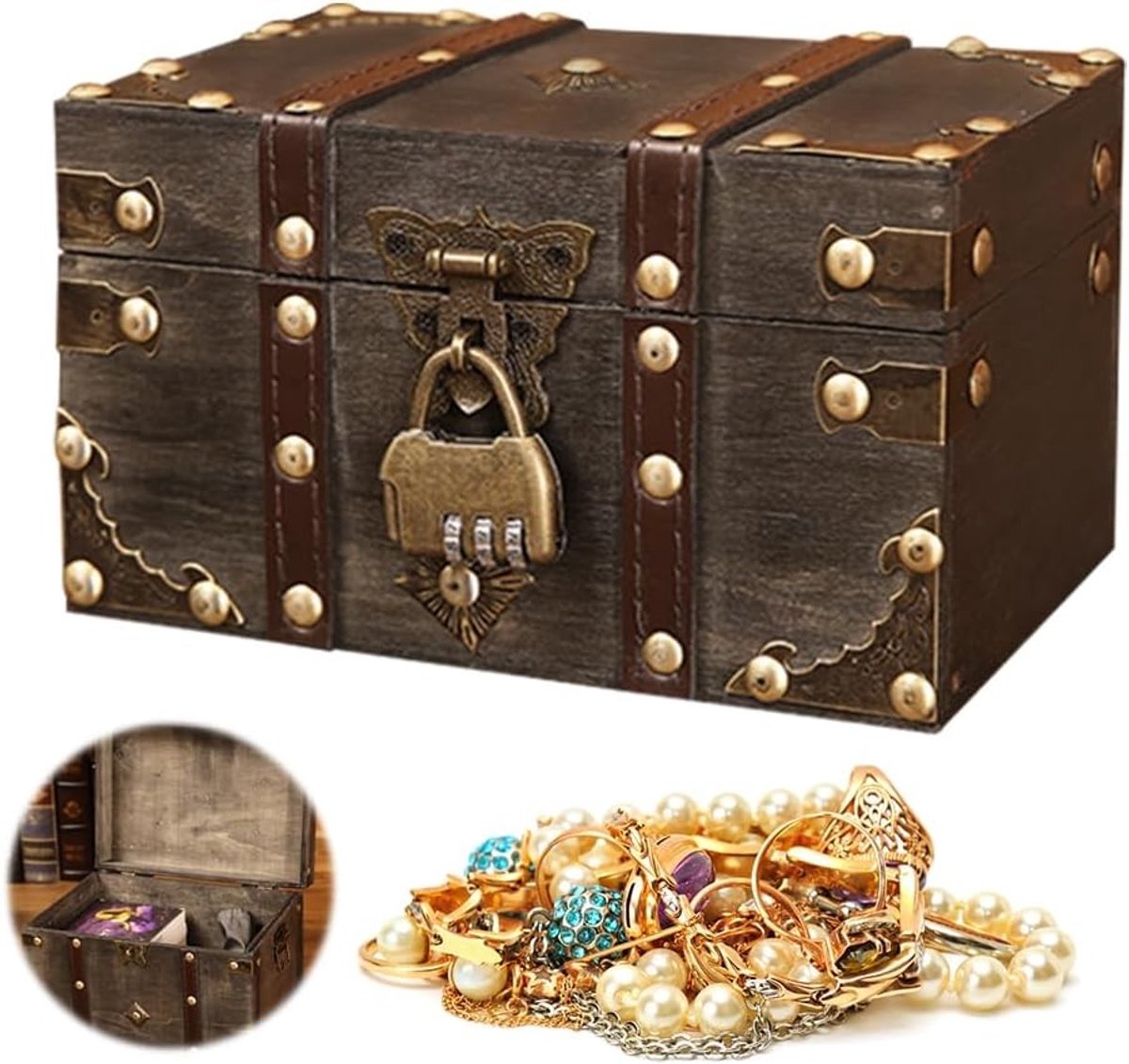Vintage Houten Schatkist met Combinatielock, Opbergdoos voor Decoratie, Kleine Vintage Box, Vergrendelbare Schatkist voor Kinderen en Verjaardagen (18 x 11 x 10 cm)