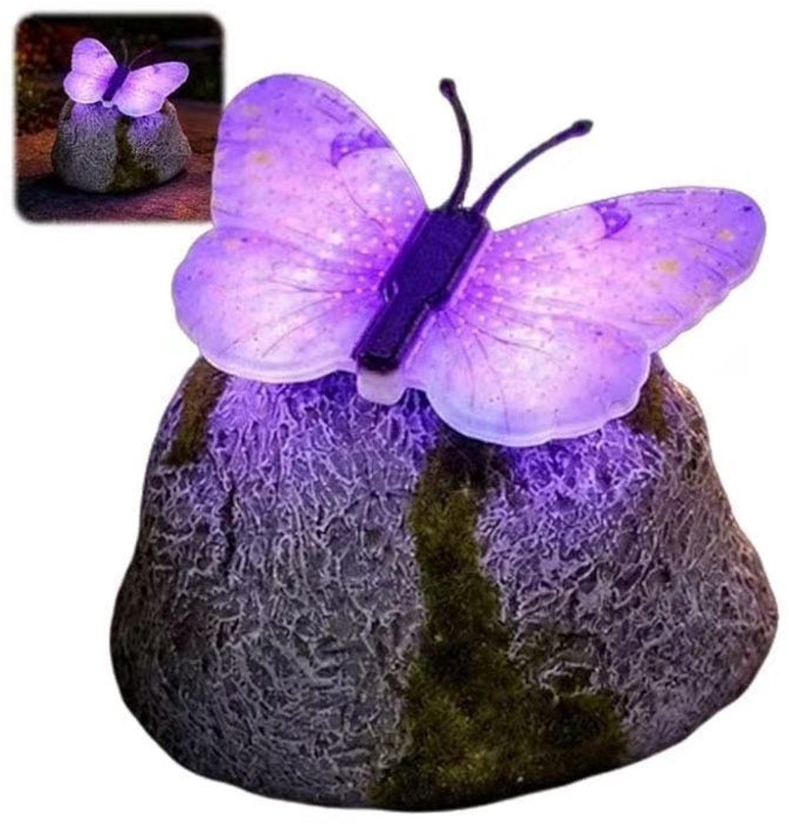 Paarse zonne‑energie solar tuinverlichting met vlinder‑motief, energiezuinige decoratieve buitenlamp voor tuin, terras, gazon en paden