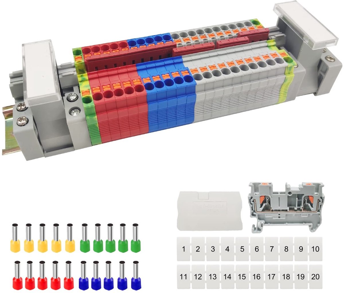Terminalblok Set voor DIN Rail - Elektrische Aansluitingen met Klemmen, Markeerstrips en Beugels voor Veiligheid en Stabiliteit