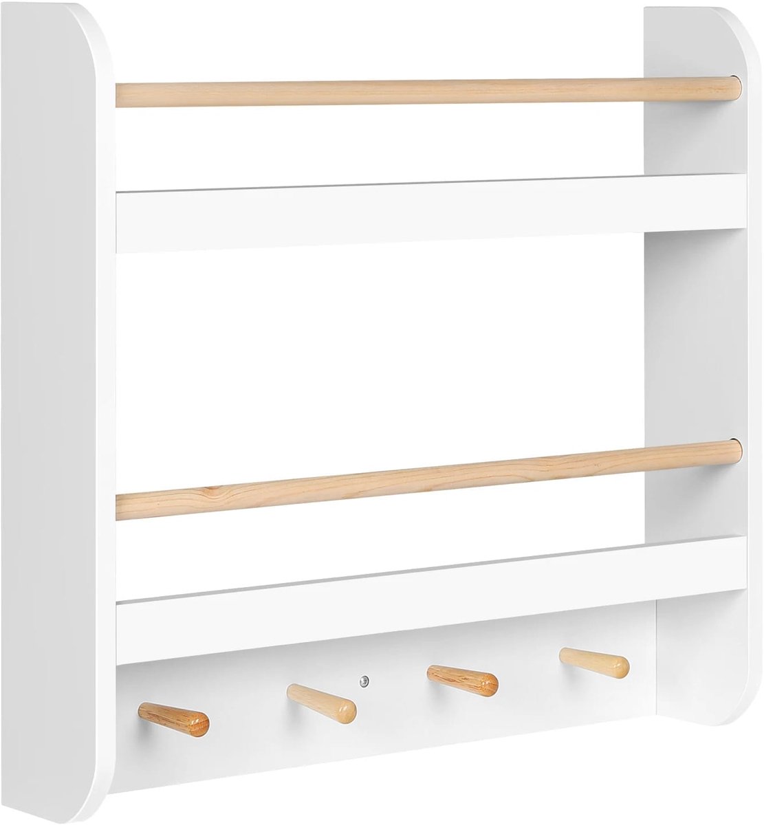 Klarven® Kinderboekenkast Wit - Witte Kinderboekenkast - Kinderboekenkast Wand - Bookcase - Wandplank met 2 Planken en 4 Haken - Afgeronde Hoeken, Bespaart Vloerruimte - B60xh55xd12cm