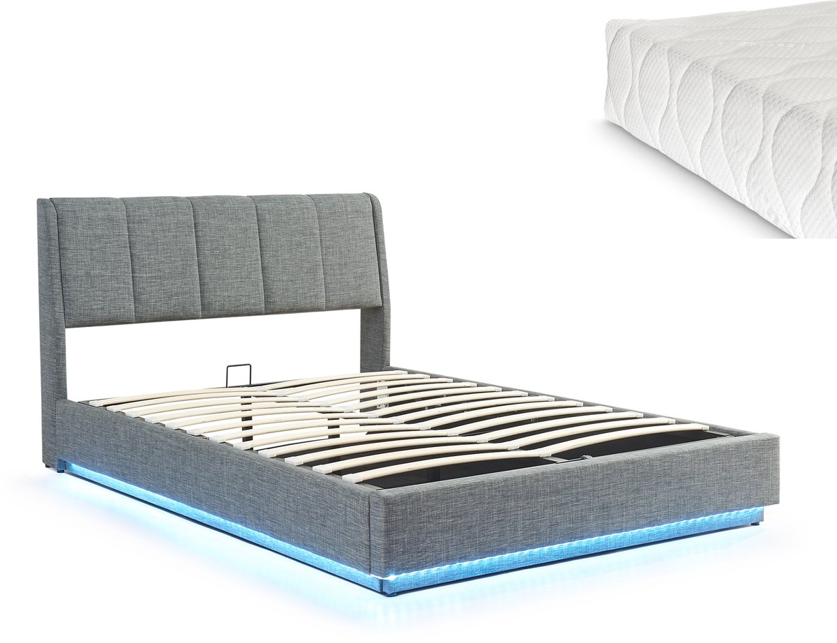Tweepersoonsbed Tröstiar met matras en LED 140x200 cm antraciet [en.casa]