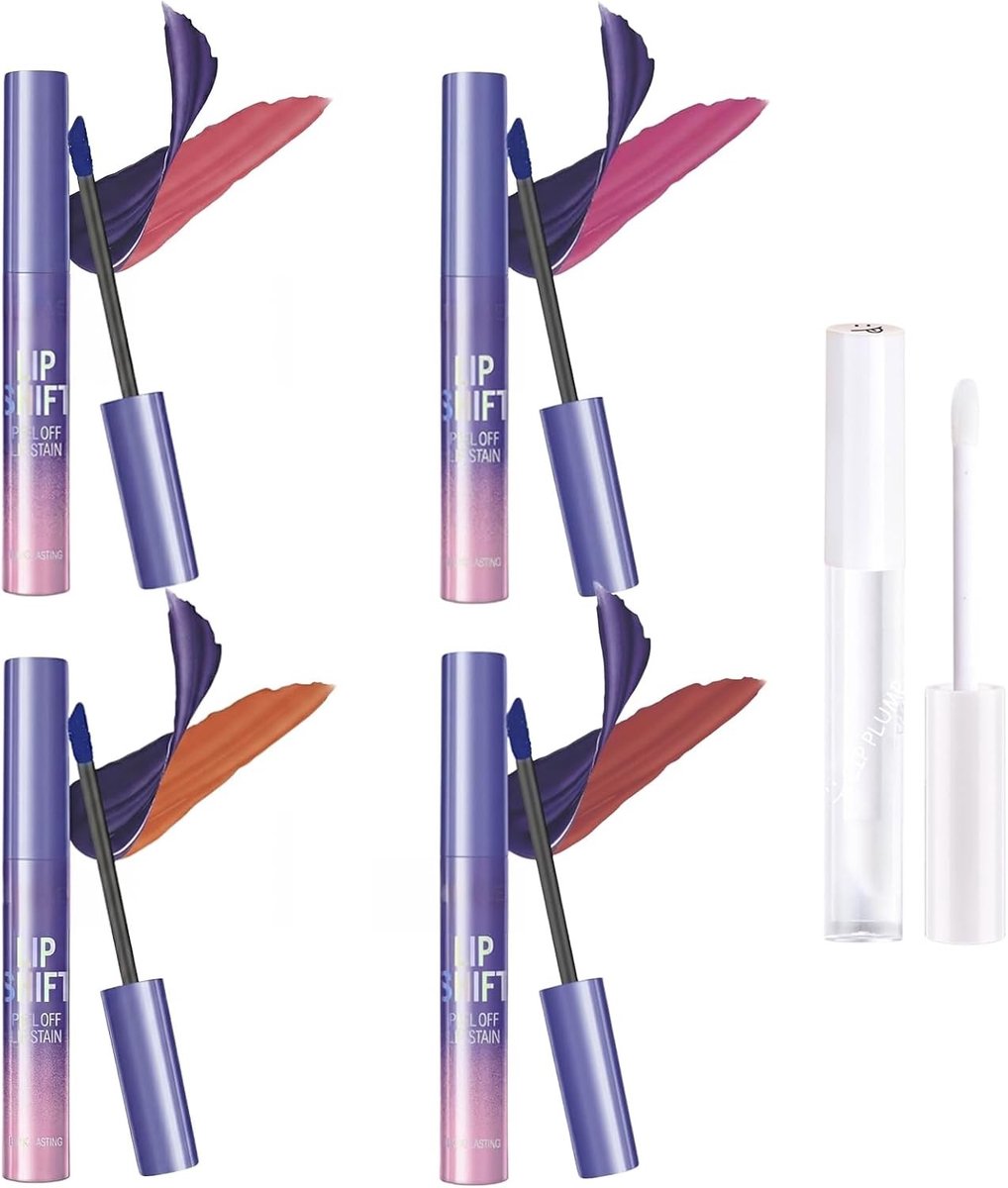 Set van 4 Peel Off Lip Stains - Waterproof Lipstick, Langdurige Kleur, Voedende Formule, Inclusief Lipolie