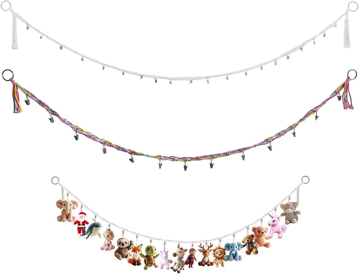 Opbergmat voor Knuffels met 4 Ringen en 40 Clips, Ideaal voor Organiseren en Opslaan van Pluche Speelgoed en Sjaals