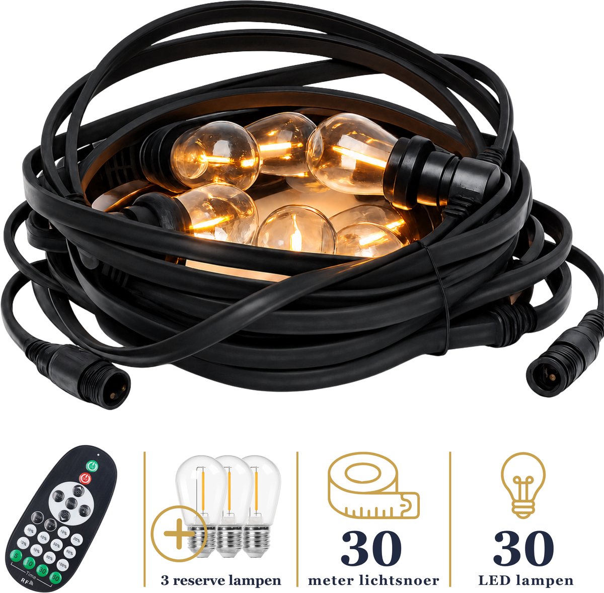 Odaily Platte Prikkabel - 30 Meter - 30 LED Lampen - Warm Wit - IP65 Lichtsnoer - Dimbaar - Premium Kwaliteit