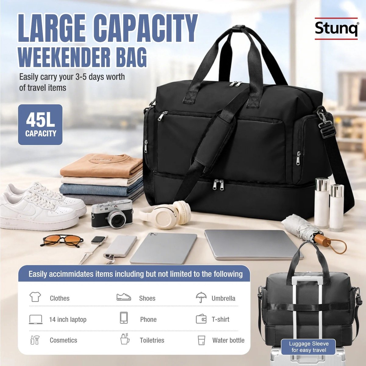 Stunq® Reistas met nat vak en schoenenvak - 45L handbagage