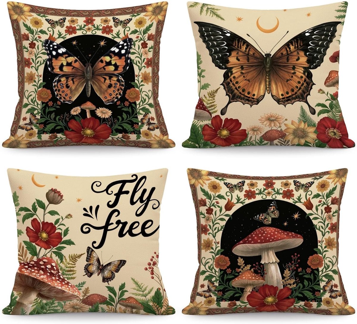 Set van 4 Decoratieve Kussenhoezen met Vintage Vlinders en Bloemen, 45x45cm, Ideaal voor Sfeervolle Slaapkamer en Woonkamer