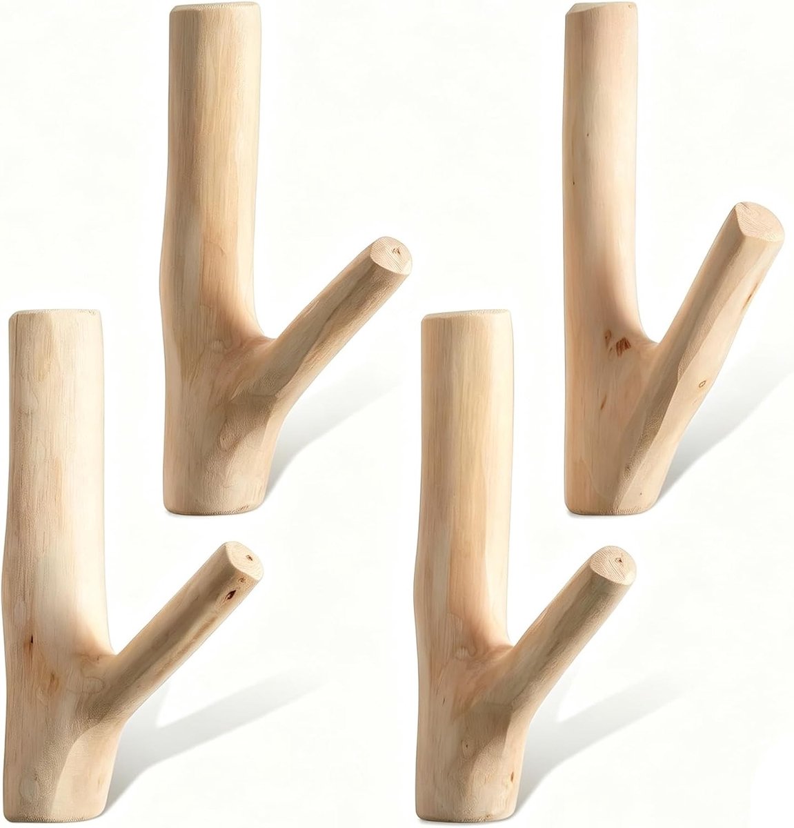 4 Stuks Vintage Houten Wandhaken in Boomtak Design voor Kleding, Sleutels en Handdoeken