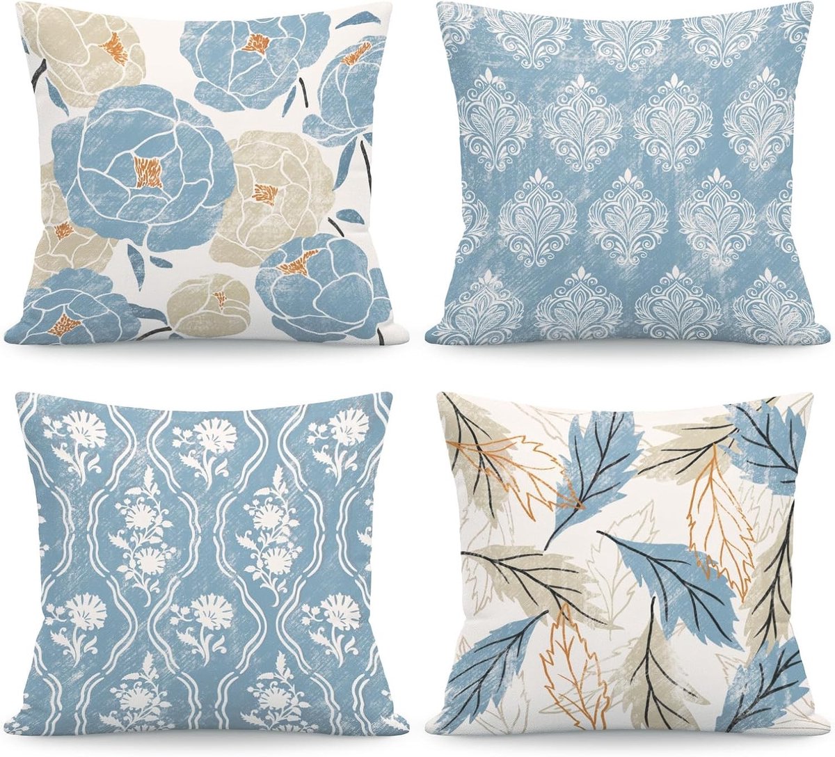 Set van 4 Kussenhoezen met Vintage Bloemen in Blauw en Wit, Botanisch Patroon, 45 x 45 cm, Luxe Velours Kussens voor Bank en Fauteuil