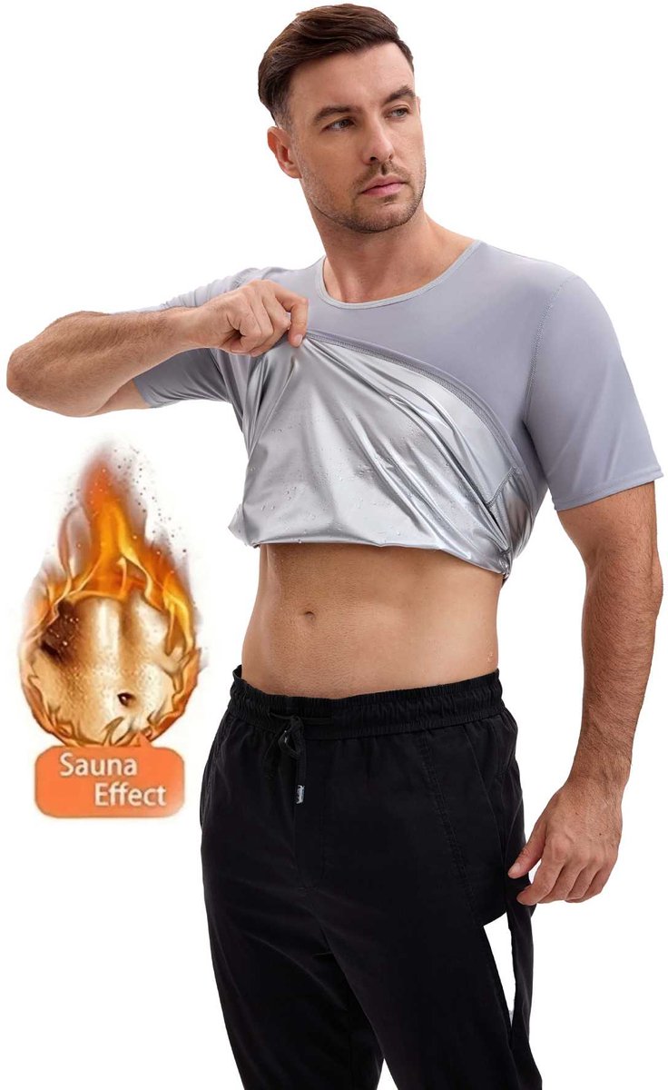 Heren zweetpak‑korte mouwen‑buikcontrole taillevormend sportkleding-Zilveren buitenkant, zilveren binnenkant, L/XL