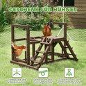 Houten kippenspeeltuin met haan op het platform en kip aan de zijkant.