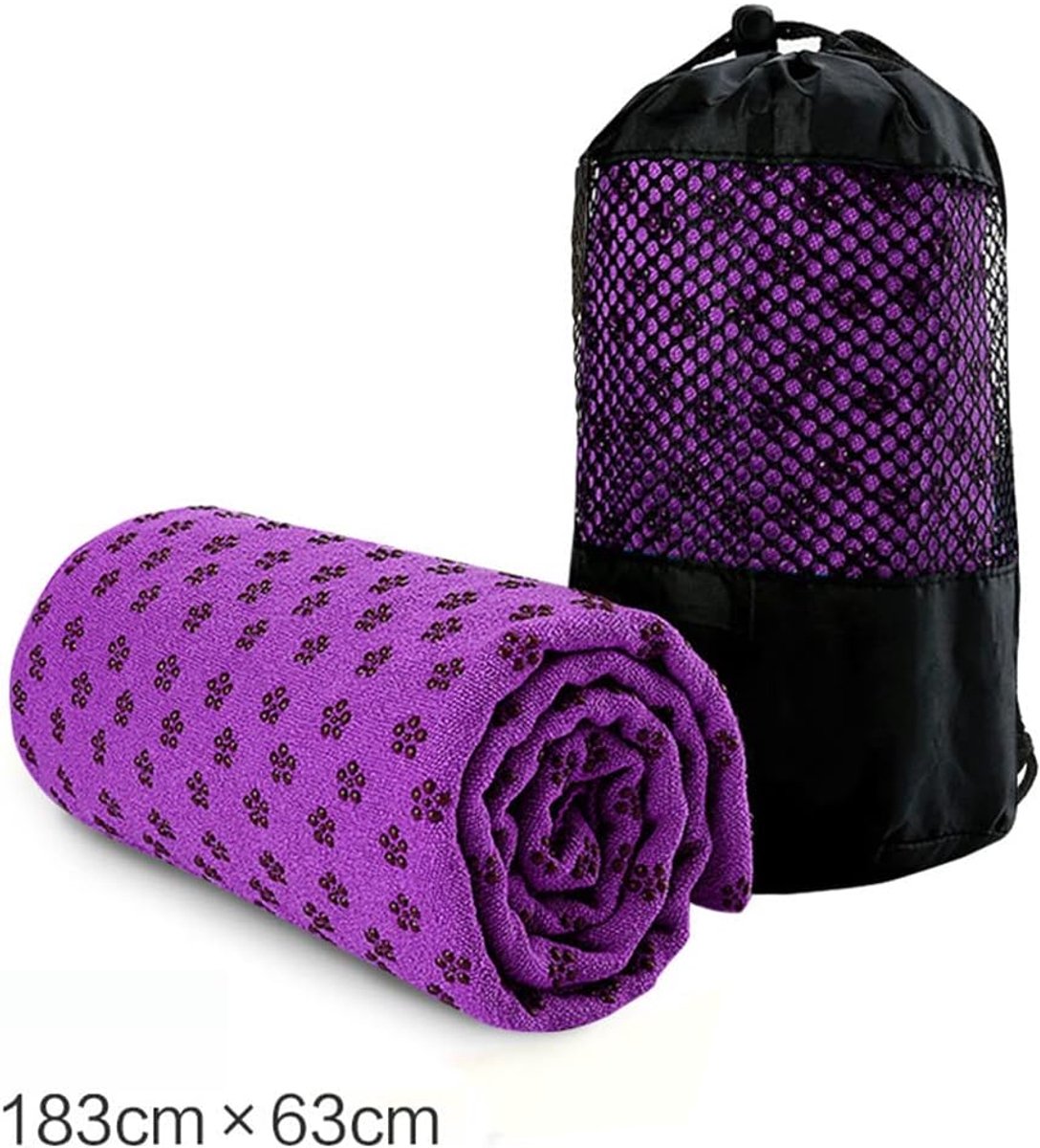 Antislip yogahanddoek - Yogamathoes - 183 x 63 cm - Antislip sportstof - Zacht en ademend - Met opbergtas van mesh - Geschikt voor fitness, strand, picknicks en yoga - Paars