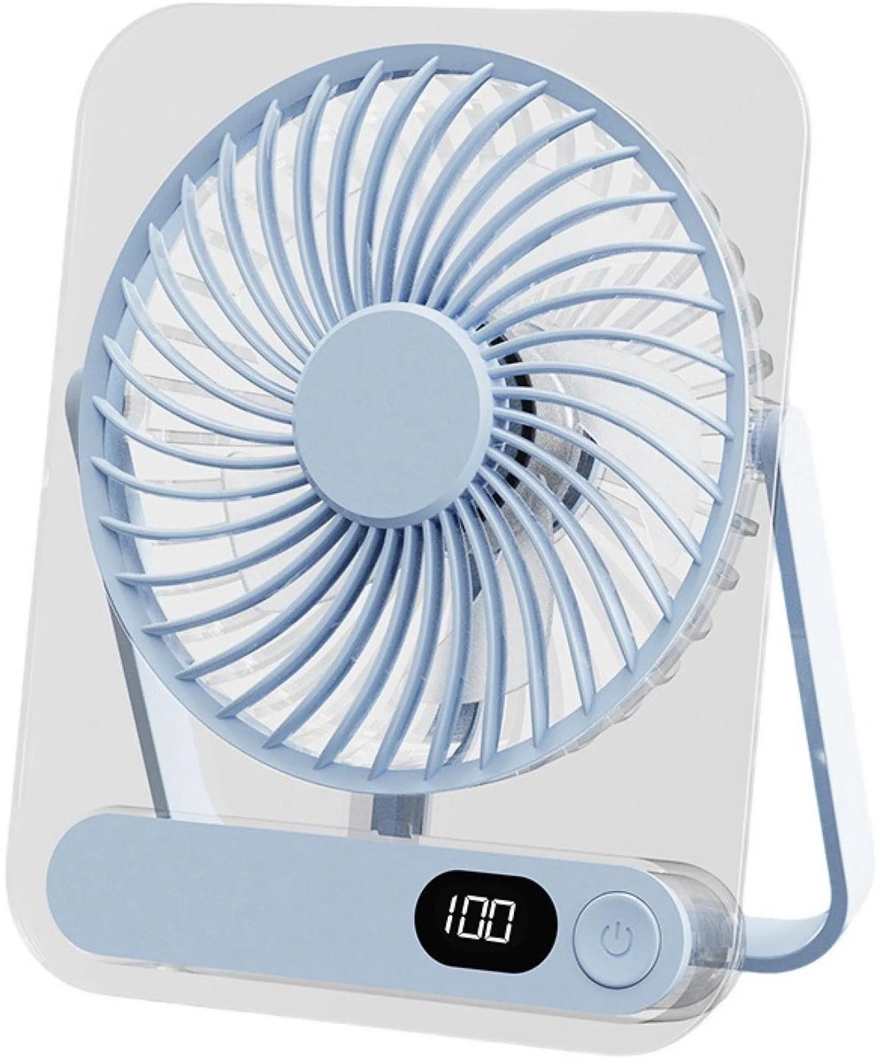 Ultralichte opvouwbare mini-USB-bureauventilator, kaartbestendig ontwerp, 5 windsnelheden, stille werking, aanraakbediening, oplaadbare batterij, met display, blauw.