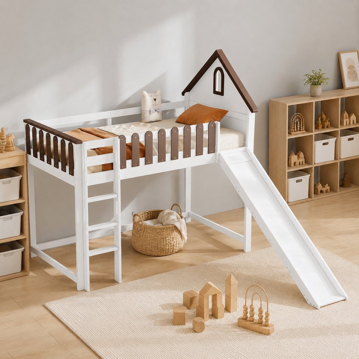 COVREO Hoogslaper met rutsche en dakraam – 204x204x172 cm – Kinderbed met veiligheidshek en ladder – voor kinderkamer en jeugdkamer – Wit/Walnoot - zonder matras