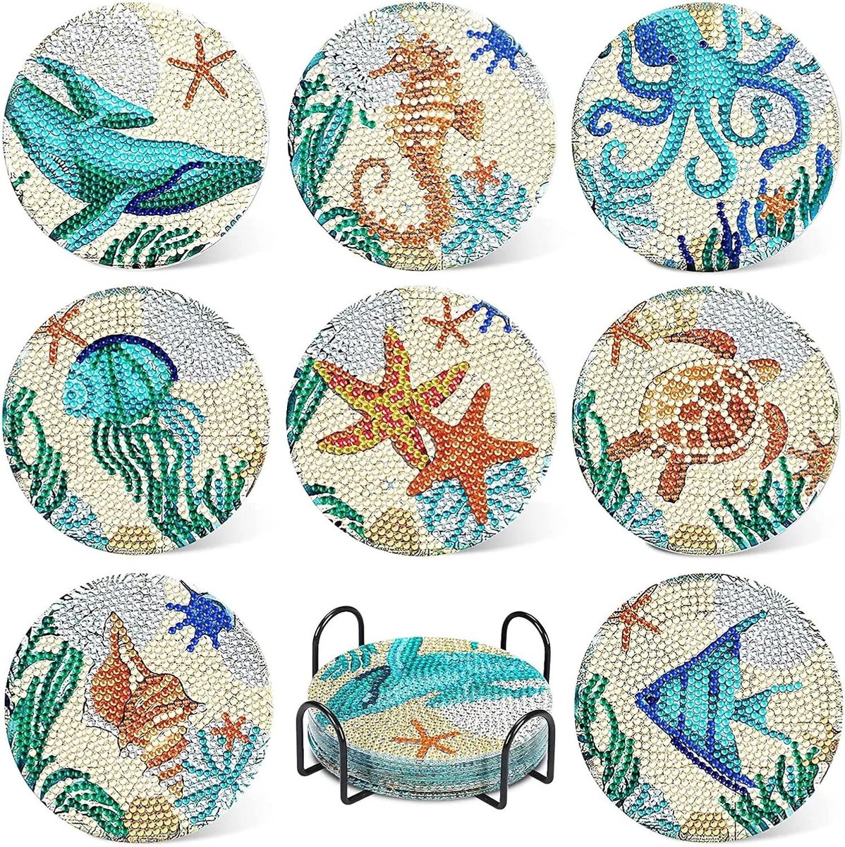 8 Stuks Diamant Art Coasters met Houder - Creatieve DIY Coasters voor Volwassenen - Mariene Leven Kunstprojecten en Knutselkits