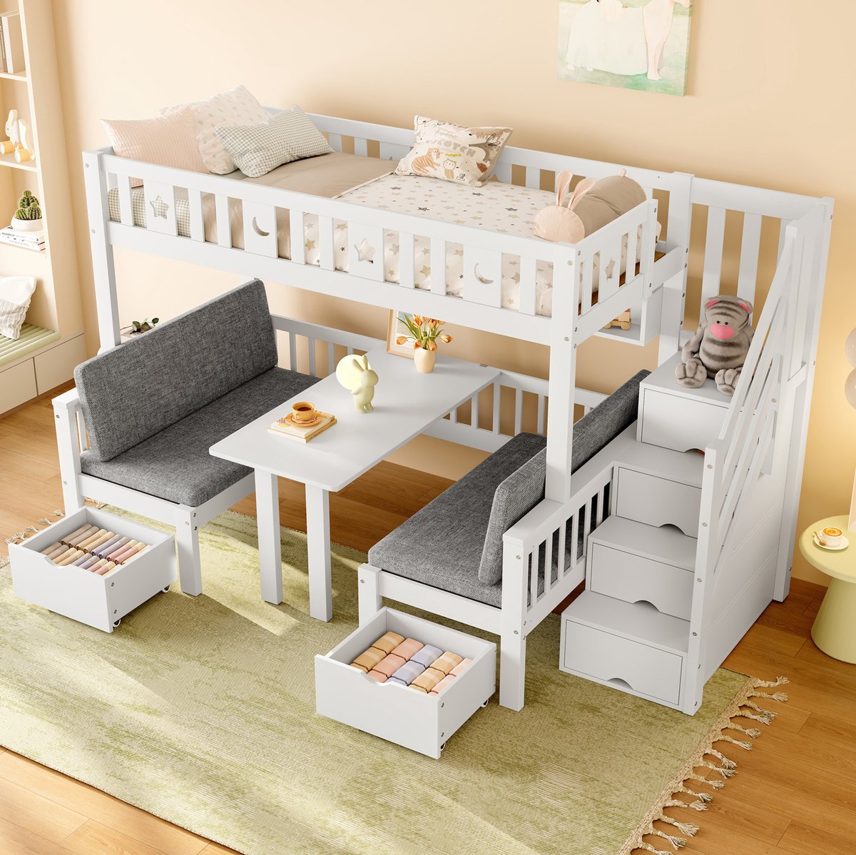 COVREO Hoogslaper met bureau – 90x200 cm – Kinderbed met opbergladder – 2-in-1 slaapplaats en werkplek – Wit - zonder matras