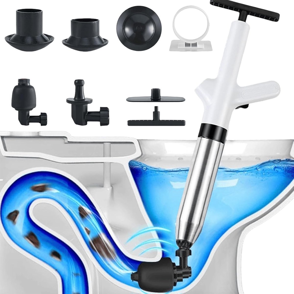 Hogedruk Afvoerreiniger met 4 Verwisselbare Opzetstukken voor Toiletten en Afvoeren, Effectieve Ontstopper en Reinigingspomp voor Sanitair en Gootsteen