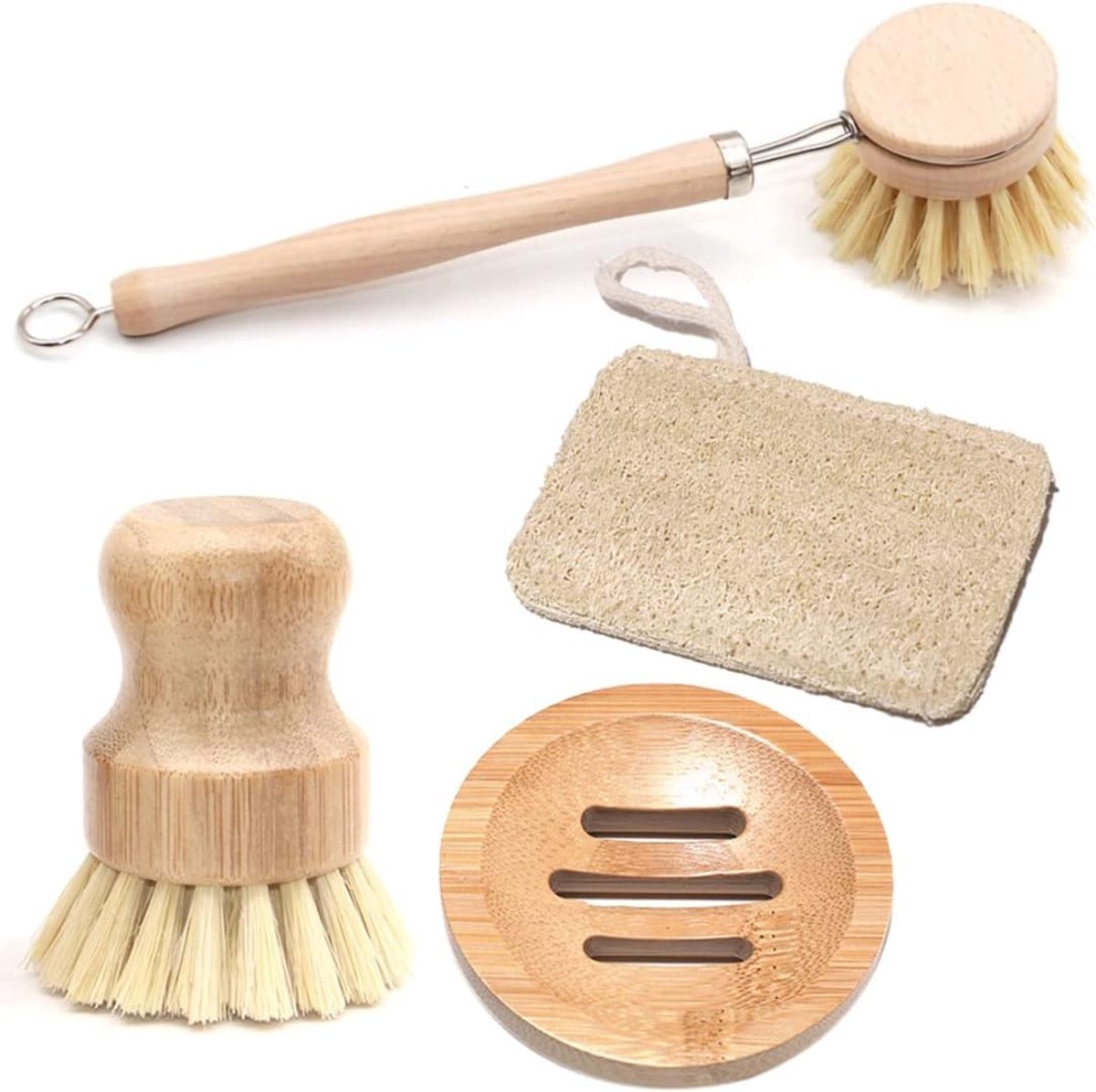 Complete Keuken Reinigingsset - 4 Delen: Houten Schrobborstel, Bamboe Borstel, Zeepbakje, Loofah Doeken - Duurzaam, Natuurlijke Haren voor Kookgerei en Pannen