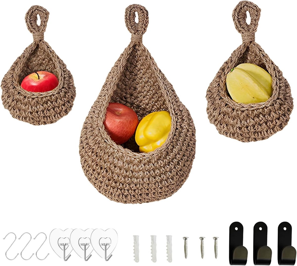 Set van 3 Wandmanden voor Fruit en Opslag, Gevlochten Wanddecoratie voor Keuken, Woonkamer en Slaapkamer