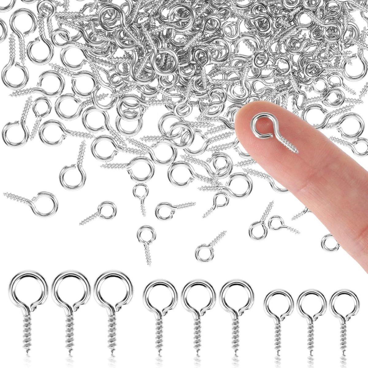 Pack van 500 kleine schroefogen, 3 maten, schroefhaken, 8/10/13 mm, zilver, ideaal voor DIY-projecten, houtbewerking en ambachten