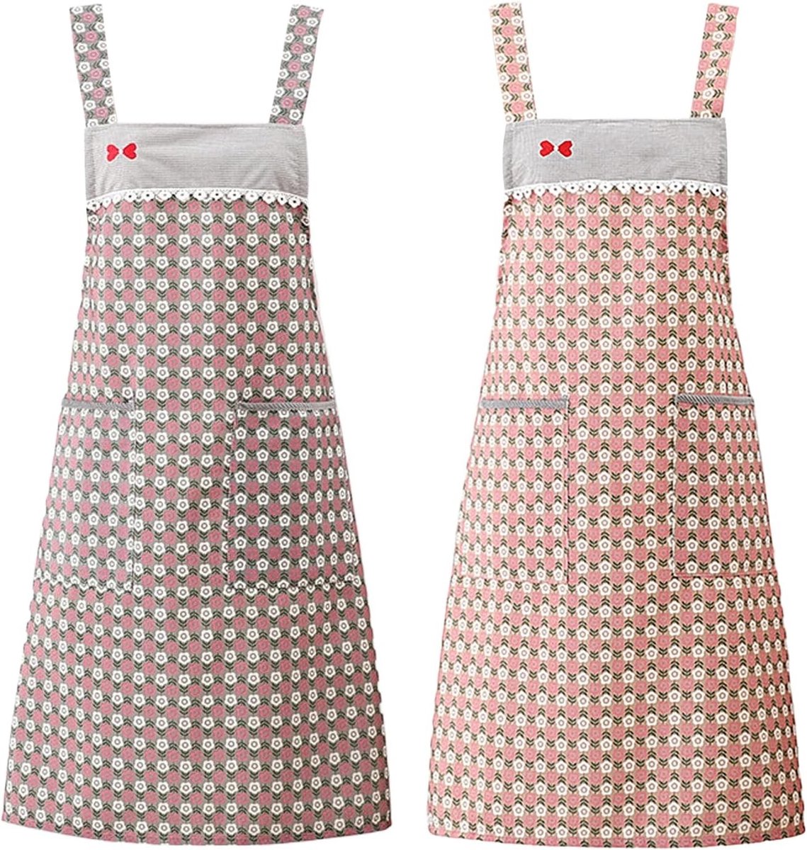 Stijlvolle Keuken Schort voor Vrouwen met H-Vormige Schouderband, Pockets en Verstelbare Bib, Ideaal voor Koken en Bakken, Roze met Borduursel en Kant