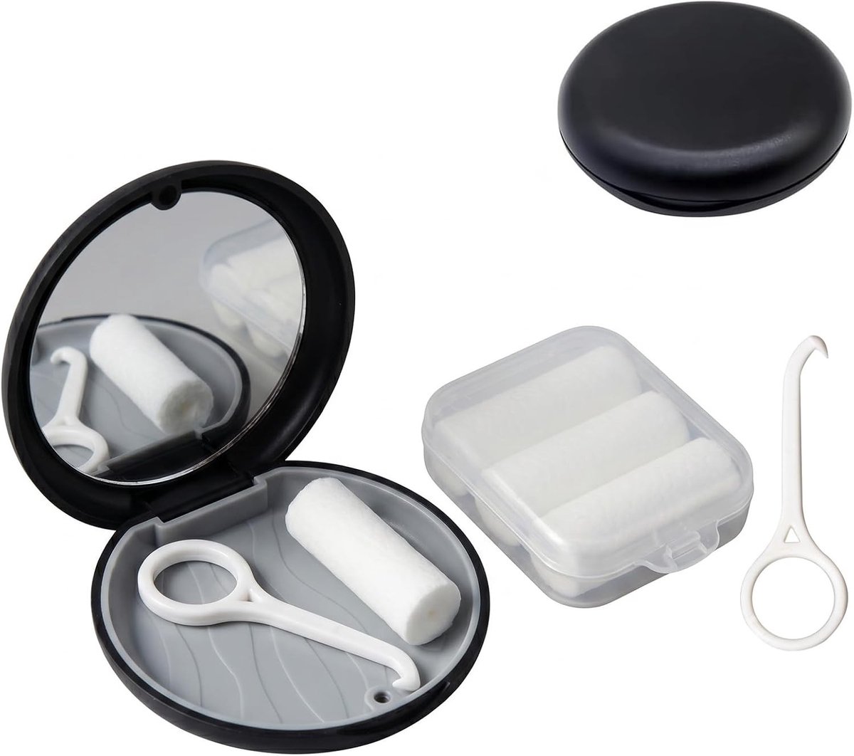 Draagbare tandheelkundige praktijkset met spiegel, magneetsluiting, 3 bijtringen en extractorhaak, ideaal voor orthodontie en aligners