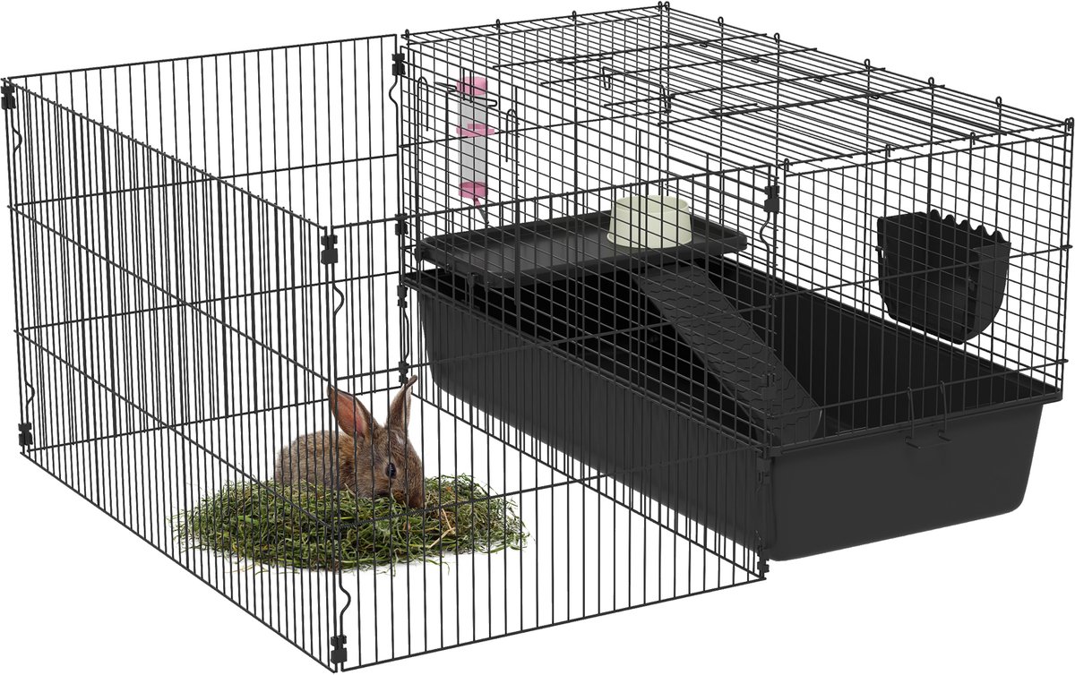 PawHut 99 cm Kleintierkäfig mit Laufstall, Kleintierstall mit Wasserflasche, Futternapf, Nagerkäfig mit Futtertrog, Meerschweinchenkäfig für Kleintiere Stahl Schwarz
