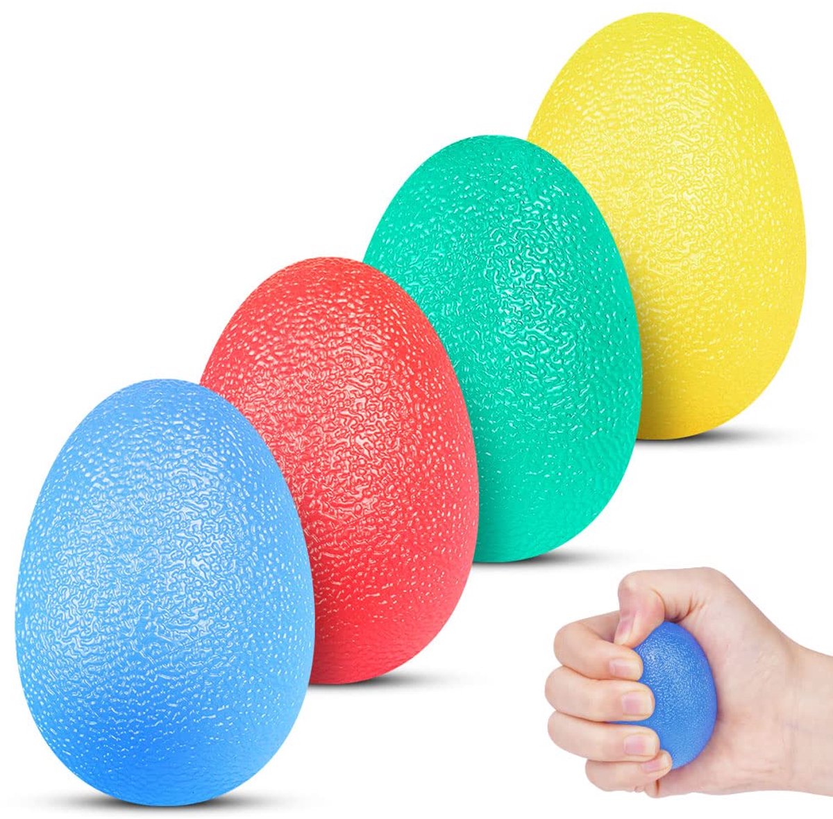 Eivormige Knijpballen - 4 stuks met verschillende hardheden - Voor hand- en vingerkracht en stressvermindering