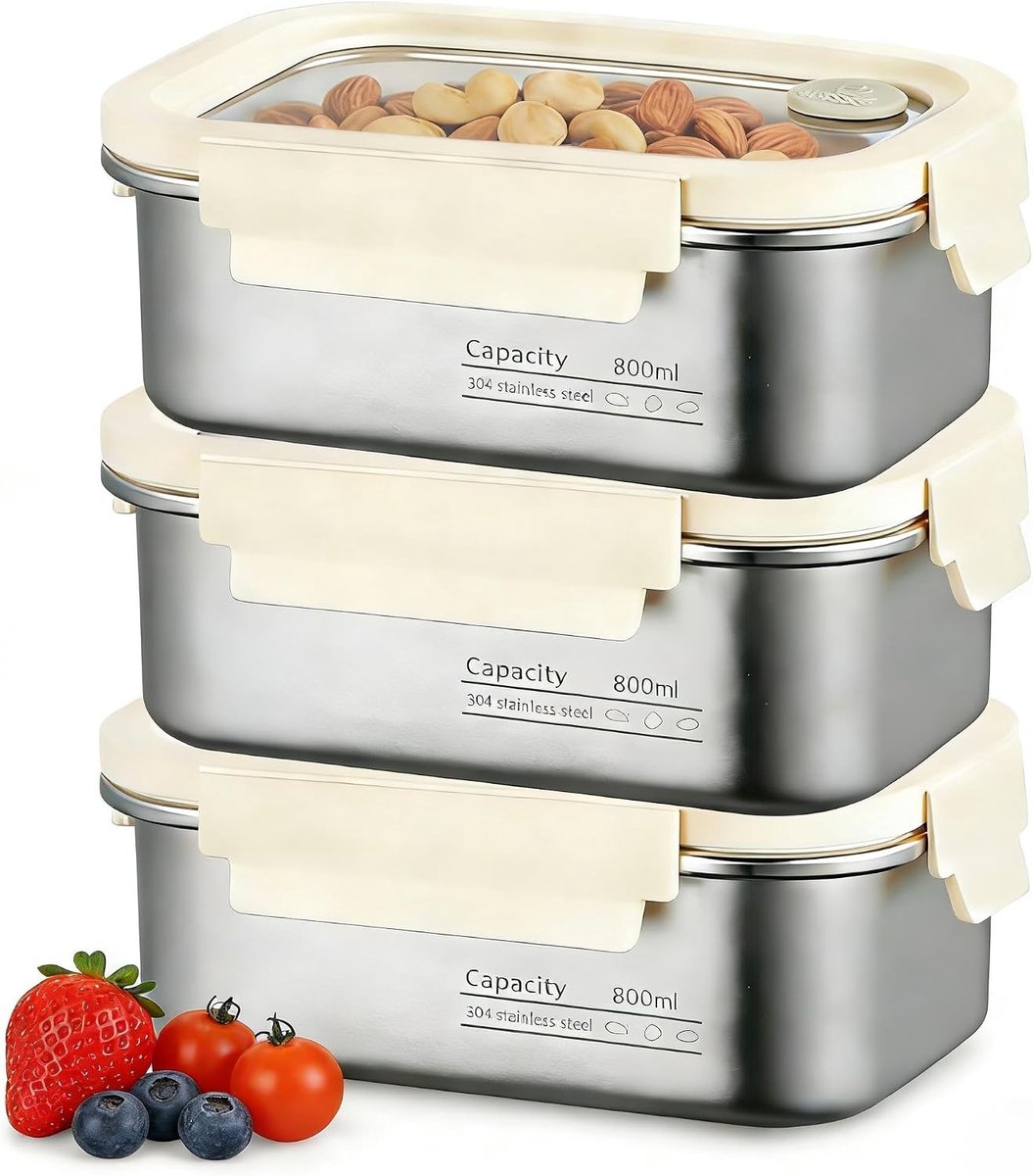 Set van 3 RVS Voedselopslagdozen met Deksel, 800ml Luchtdichte Snackbox, Lekvrije Container met Kijkvenster en Vacuümsluiting