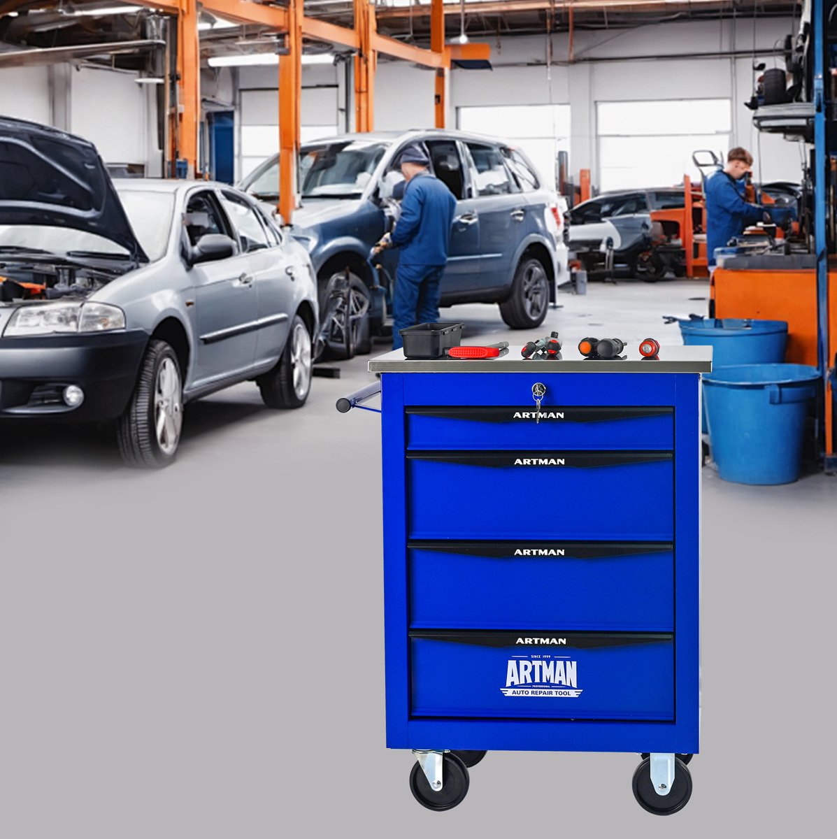 MODFU - Werkplaatswagen - 4 Laden - Met Wielen - Slot - Staal - Blauw