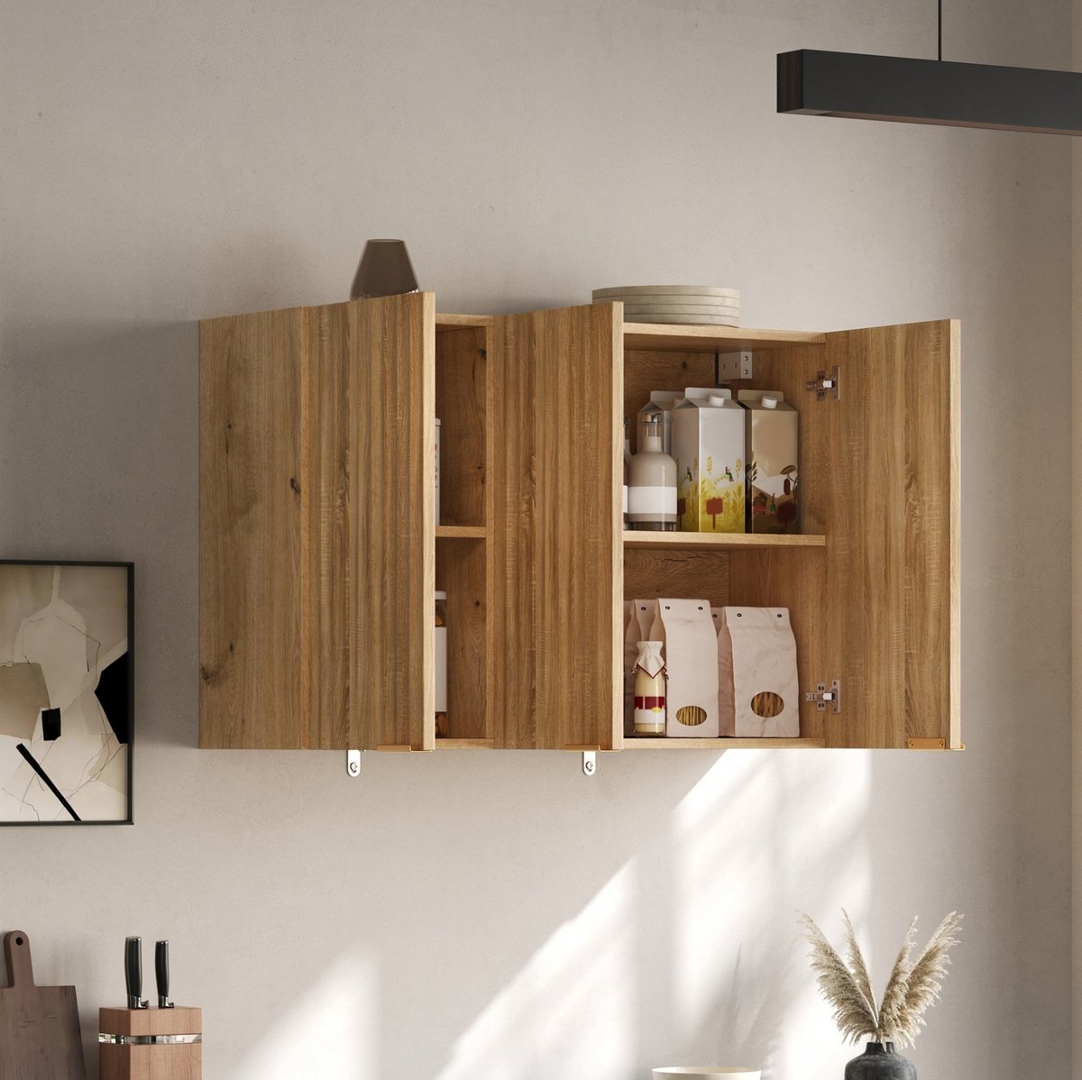 OKWISH Keukenkast - Wandkast Met 3 Deuren - Ruimtebesparende Bovenkast Voor Keuken, Badkamer En Wasruimte - MDF Naturel - 90 x 29 x 60 cm
