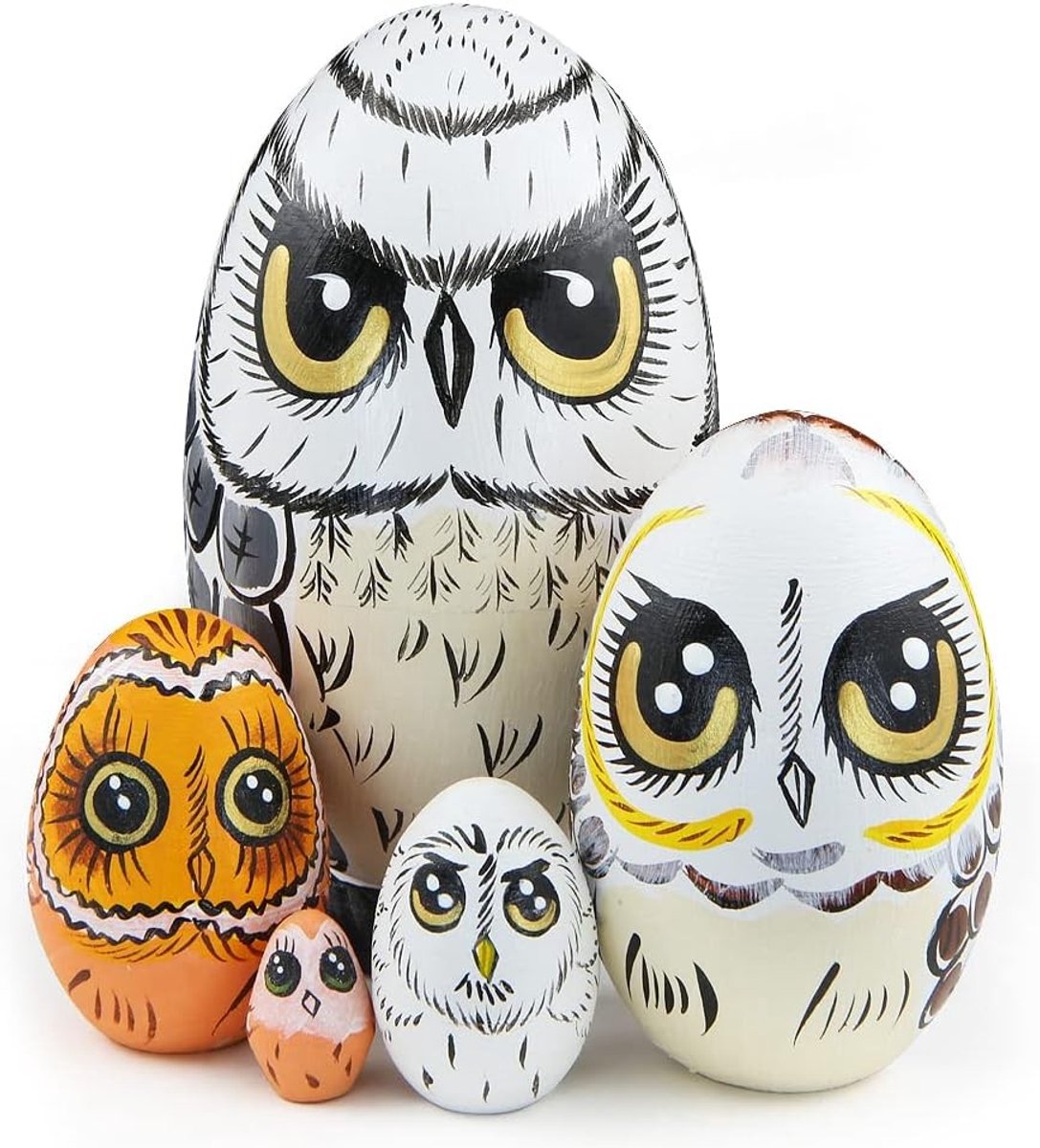 Set van 5 Russische Uil Houten Nesting Dolls, Handgemaakte Matryoshka Poppen, Stapelbare Decoratie voor Kinderen, Verjaardag, Kerst en Nieuwjaar