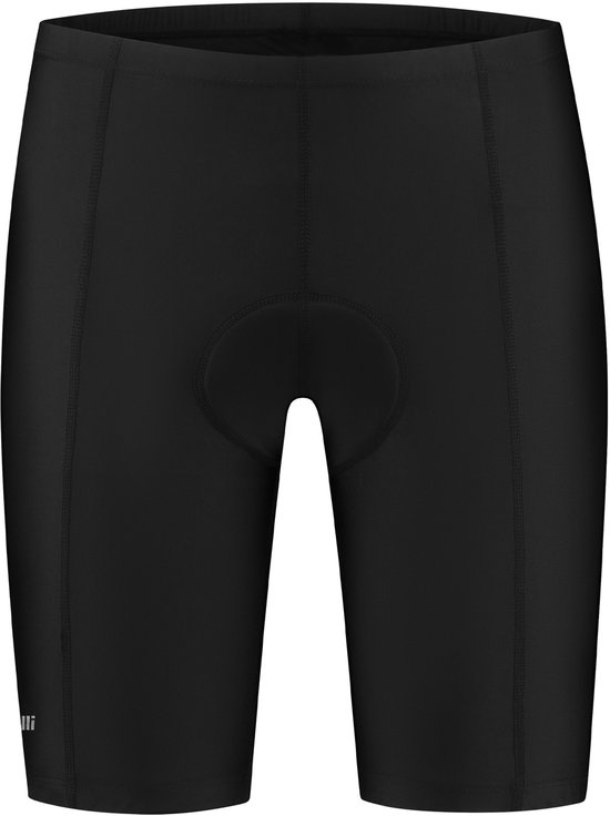 Zwarte korte fietsbroek voor heren met een zeem en op de linkerpijp een logo.