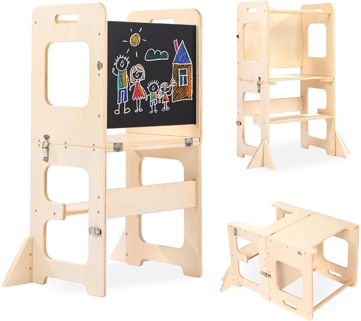Opvouwbare kruk - Hout - Montessori leertoren en kinderkruk 3-in-1 - Voor kinderen vanaf 18 maanden