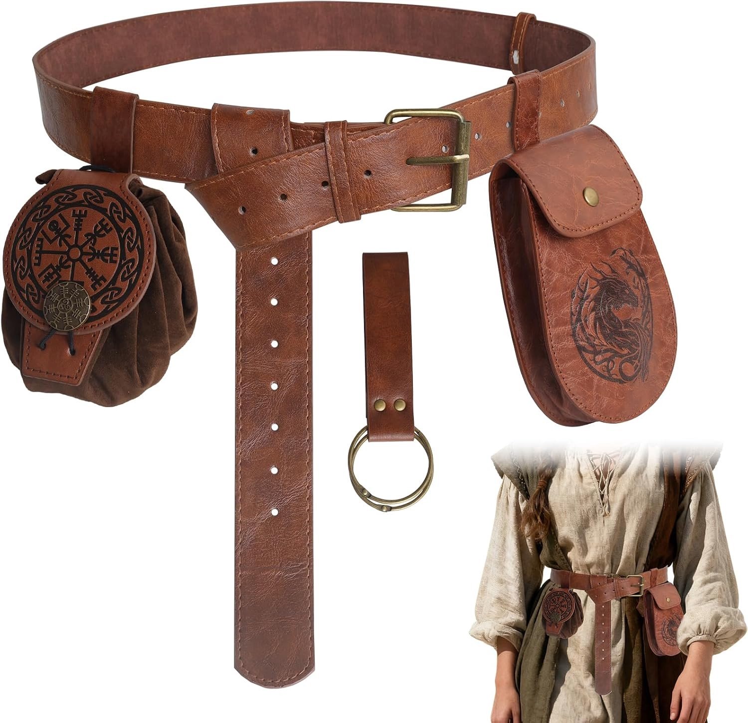Set van 4 Middeleeuwse Riemen met Rugzakje - Kostuumaccessoires voor Tovenaars, Heksen en Renaissance Feesten, Bruin, One Size