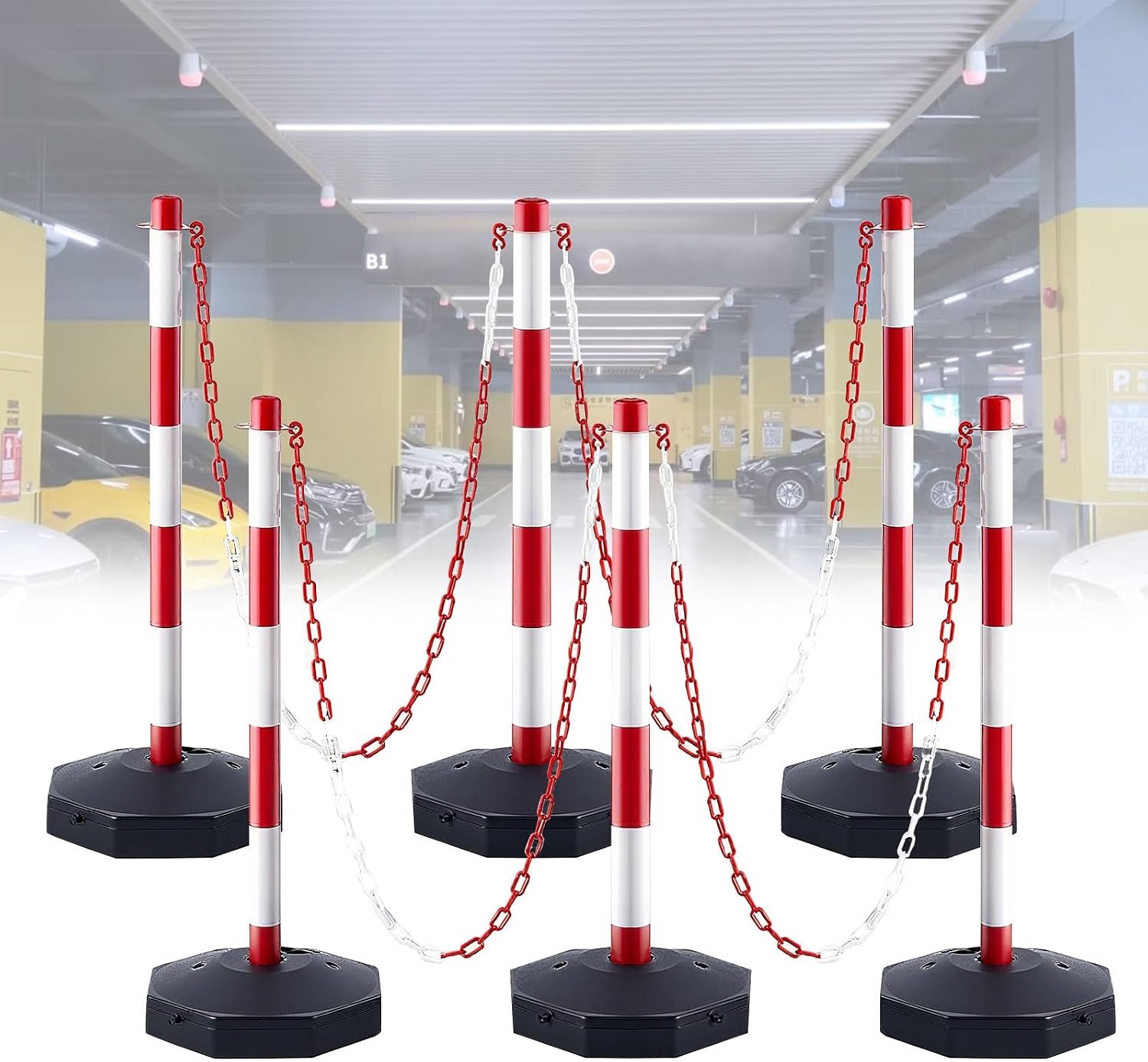 Set van 6 afschermingspalen met sokkel, inclusief 5 x 2,5 m kettingen en 20