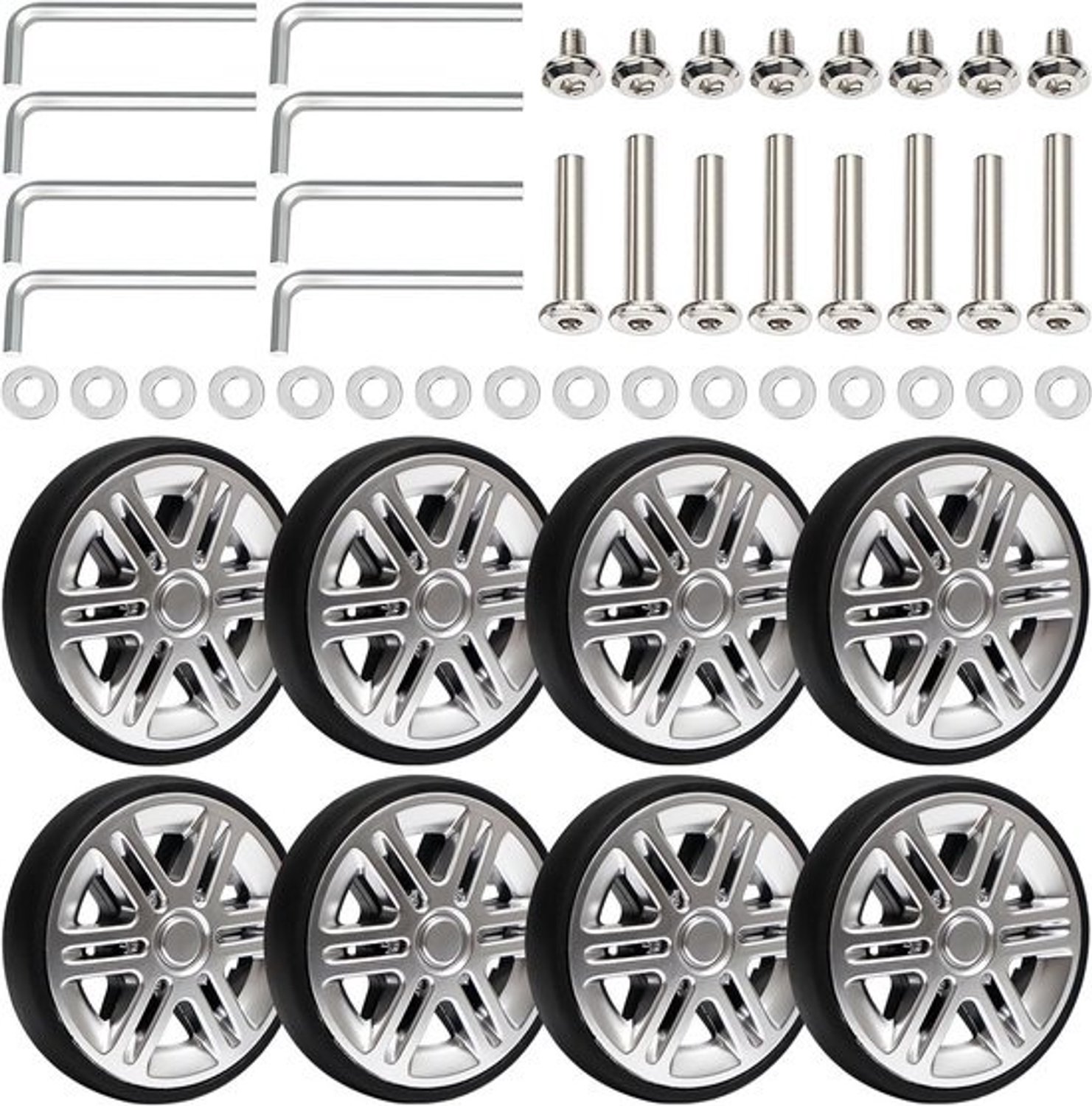 Reservewielen voor koffer - Wielenset voor bagage - Kofferreparatie - Stille, soepele loop - 8 stuks - Zilver en zwart